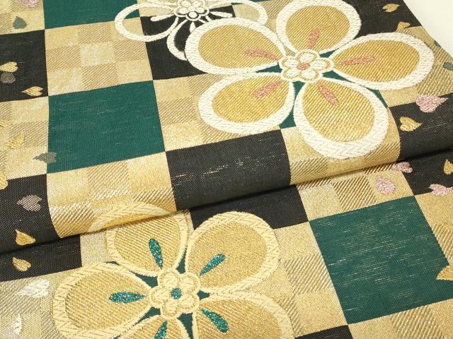 平和屋着物▼六通柄袋帯　唐織　市松花文　金糸　正絹　逸品　DABH6876az