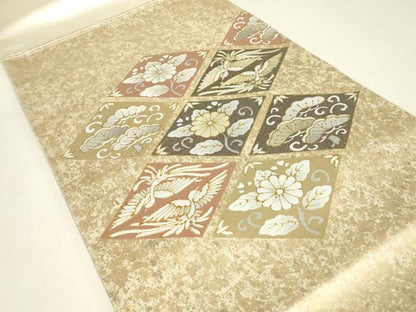 平和屋着物▼太鼓柄袋帯　螺鈿箔　鳳凰花文　金彩　正絹　逸品　DABH6884az