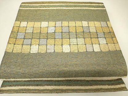 平和屋着物▼六通柄袋帯　市松文　金銀糸　正絹　逸品　DABH6906az