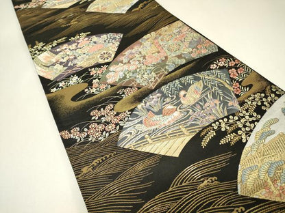 平和屋着物▼西陣　田中義織物謹製　六通柄袋帯　加賀珀鳳　九百錦　珀鳳絵巻　黒地　金糸　証紙付き　正絹　逸品　未使用　DABH6910az