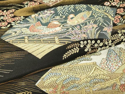 平和屋着物▼西陣　田中義織物謹製　六通柄袋帯　加賀珀鳳　九百錦　珀鳳絵巻　黒地　金糸　証紙付き　正絹　逸品　未使用　DABH6910az
