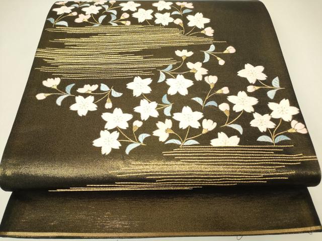 平和屋着物▼総刺繍　太鼓柄袋帯　霞桜文　金糸　正絹　逸品　DABH6913az