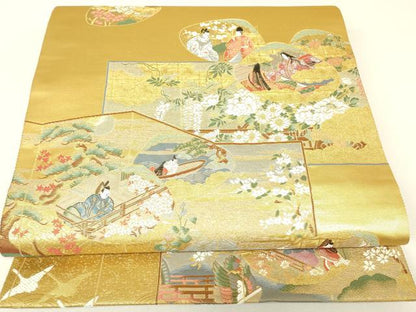 平和屋着物▼六通柄袋帯　唐織　平安雅貝合文　金銀糸　正絹　逸品　DABH6921az