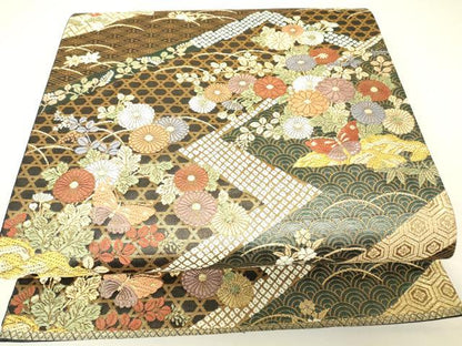 平和屋着物▼六通柄袋帯　唐織　絵蒔錦　吉祥花蝶文　金糸　正絹　逸品　DABH6926az