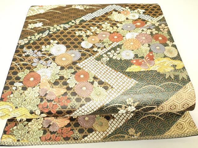 平和屋着物▼六通柄袋帯　唐織　絵蒔錦　吉祥花蝶文　金糸　正絹　逸品　DABH6926az