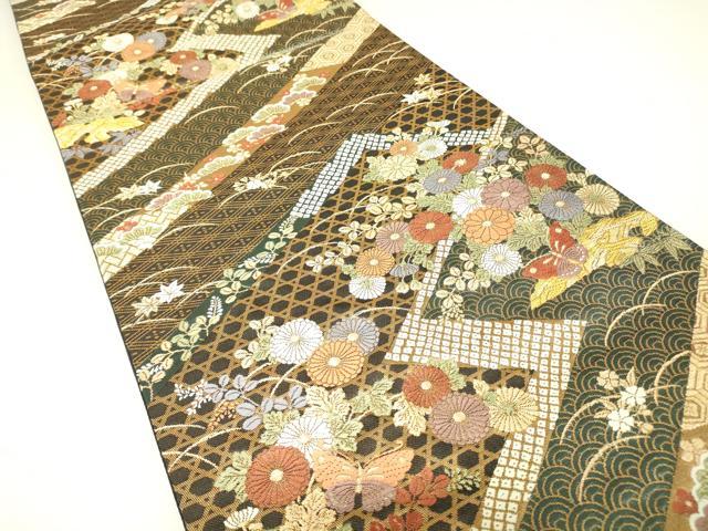 平和屋着物▼六通柄袋帯　唐織　絵蒔錦　吉祥花蝶文　金糸　正絹　逸品　DABH6926az