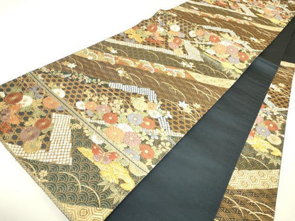 平和屋着物▼六通柄袋帯　唐織　絵蒔錦　吉祥花蝶文　金糸　正絹　逸品　DABH6926az