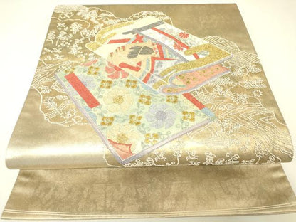 平和屋着物▼中国三大刺繍　相良刺繍　総刺繍　太鼓柄袋帯　冊子花文　金糸　引箔　正絹　逸品　DABH6934az