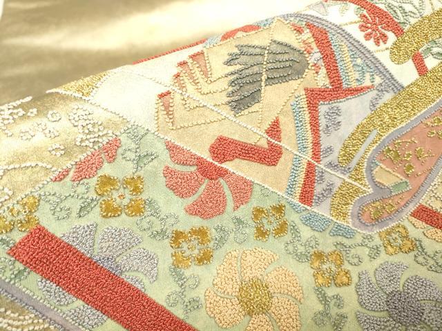 平和屋着物▼中国三大刺繍　相良刺繍　総刺繍　太鼓柄袋帯　冊子花文　金糸　引箔　正絹　逸品　DABH6934az