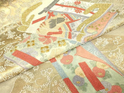 平和屋着物▼中国三大刺繍　相良刺繍　総刺繍　太鼓柄袋帯　冊子花文　金糸　引箔　正絹　逸品　DABH6934az