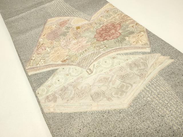平和屋着物●中国三大刺繍　スワトウ刺繍　汕頭刺繍　相良刺繍　総刺繍　太鼓柄袋帯　紬地　冊子花文　正絹　逸品　DABH6944az
