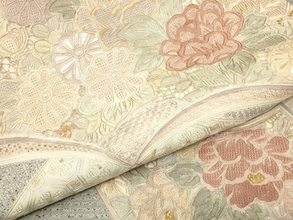平和屋着物●中国三大刺繍　スワトウ刺繍　汕頭刺繍　相良刺繍　総刺繍　太鼓柄袋帯　紬地　冊子花文　正絹　逸品　DABH6944az