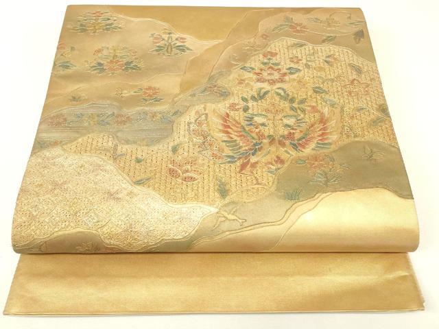平和屋着物▼中国三大刺繍　スワトウ刺繍　汕頭刺繍　太鼓柄袋帯　向い鳥鳳凰更紗花文　金彩　正絹　逸品　DABH6947az