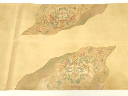 平和屋着物▼中国三大刺繍　スワトウ刺繍　汕頭刺繍　太鼓柄袋帯　向い鳥鳳凰更紗花文　金彩　正絹　逸品　DABH6947az