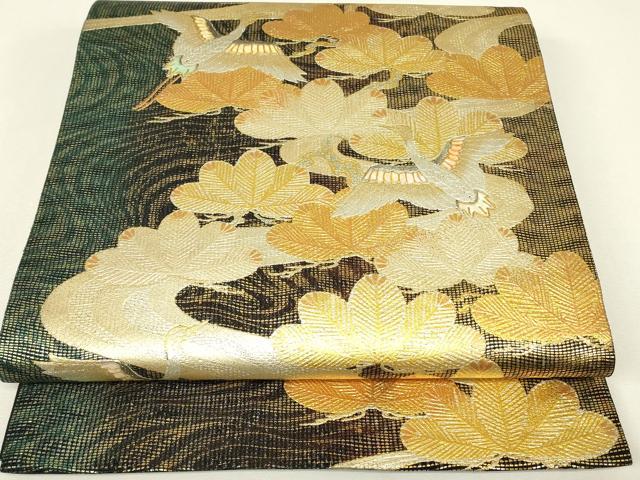 平和屋着物▼袋帯　螺鈿　飛鶴松文　金彩　正絹　逸品　DABH6950az