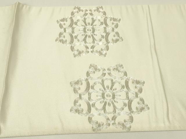 平和屋着物▼西陣　太鼓柄袋帯　駒刺繍　総刺繍　正倉院花文　銀糸　証紙付き　正絹　逸品　DABH6967az