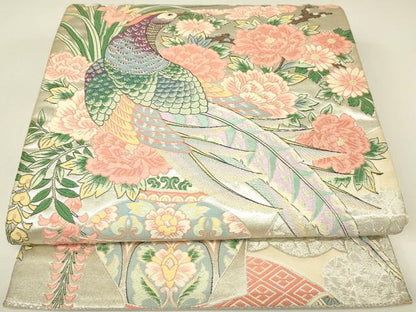 平和屋着物▼六通柄袋帯　唐織　尾長鳥陶器花文　金銀糸　正絹　逸品　DABH6975az