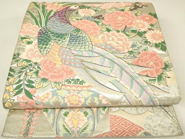 平和屋着物▼六通柄袋帯　唐織　尾長鳥陶器花文　金銀糸　正絹　逸品　DABH6975az