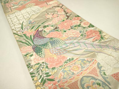 平和屋着物▼六通柄袋帯　唐織　尾長鳥陶器花文　金銀糸　正絹　逸品　DABH6975az