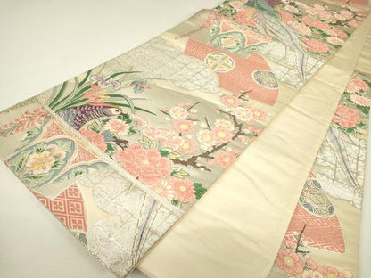 平和屋着物▼六通柄袋帯　唐織　尾長鳥陶器花文　金銀糸　正絹　逸品　DABH6975az