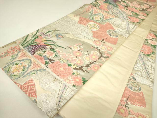 平和屋着物▼六通柄袋帯　唐織　尾長鳥陶器花文　金銀糸　正絹　逸品　DABH6975az