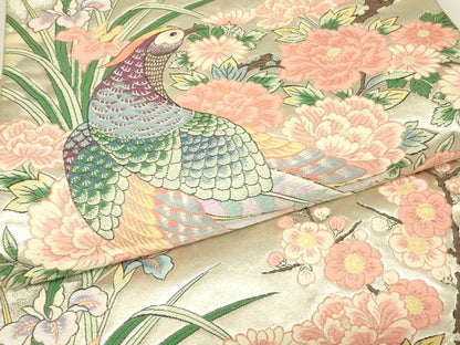 平和屋着物▼六通柄袋帯　唐織　尾長鳥陶器花文　金銀糸　正絹　逸品　DABH6975az