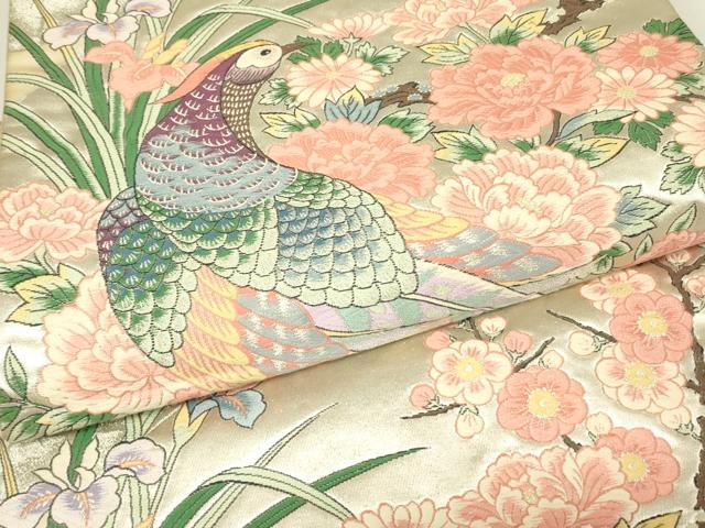 平和屋着物▼六通柄袋帯　唐織　尾長鳥陶器花文　金銀糸　正絹　逸品　DABH6975az