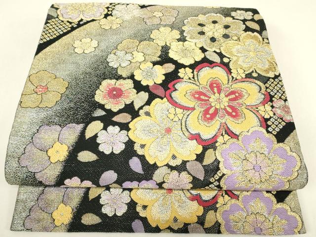平和屋着物▼六通柄袋帯　舞桜　黒地　金銀糸　正絹　逸品　DABH6987az