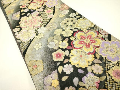 平和屋着物▼六通柄袋帯　舞桜　黒地　金銀糸　正絹　逸品　DABH6987az