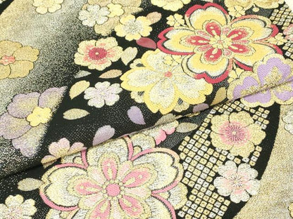 平和屋着物▼六通柄袋帯　舞桜　黒地　金銀糸　正絹　逸品　DABH6987az