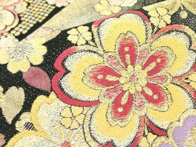 平和屋着物▼六通柄袋帯　舞桜　黒地　金銀糸　正絹　逸品　DABH6987az