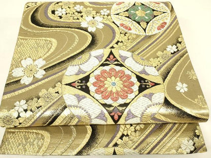 平和屋着物▼六通柄袋帯　正倉院流水花文　金糸　正絹　逸品　DABH6997az