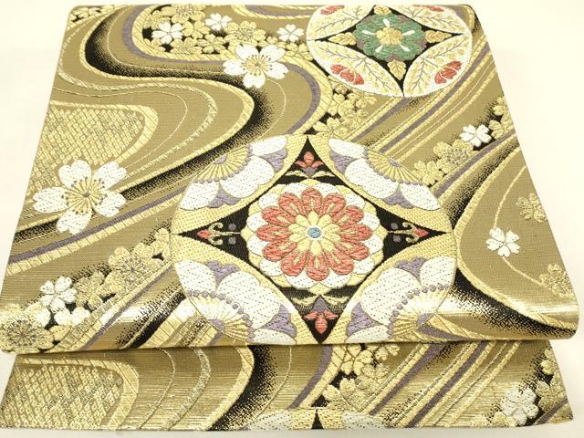平和屋着物▼六通柄袋帯　正倉院流水花文　金糸　正絹　逸品　DABH6997az