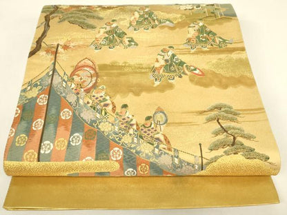 平和屋着物▼太鼓柄袋帯　人物風景文　金糸　正絹　逸品　DABH7000az
