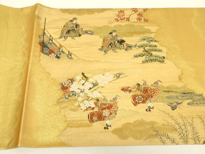 平和屋着物▼太鼓柄袋帯　人物風景文　金糸　正絹　逸品　DABH7000az