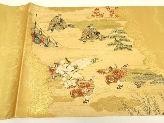 平和屋着物▼太鼓柄袋帯　人物風景文　金糸　正絹　逸品　DABH7000az