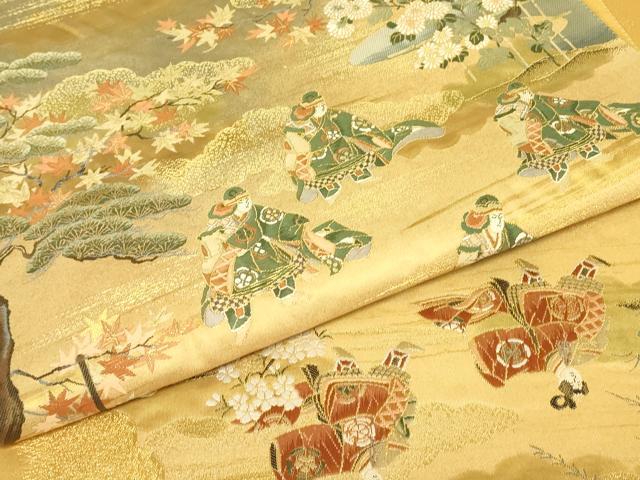 平和屋着物▼太鼓柄袋帯　人物風景文　金糸　正絹　逸品　DABH7000az