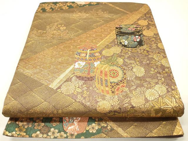 平和屋着物▼六通柄袋帯　仕覆花文　金糸　正絹　逸品　DABH7001fe