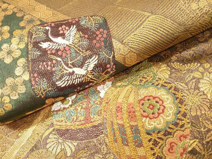 平和屋着物▼六通柄袋帯　仕覆花文　金糸　正絹　逸品　DABH7001fe