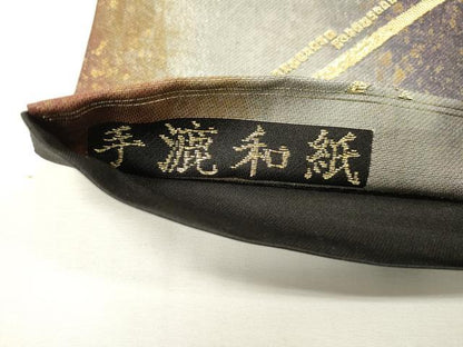 平和屋着物▼六通柄袋帯　手漉和紙　流水文　金銀彩　引箔　正絹　逸品　DABH7004fe