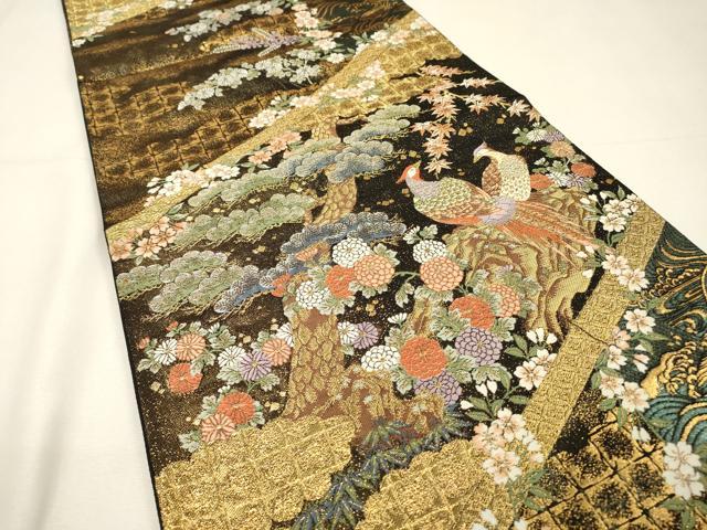 平和屋本店▼六通柄袋帯　唐織　九百錦　花鳥文　黒地　本金箔　正絹　逸品　DABH7012fe