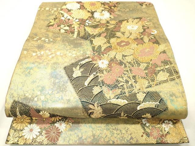 平和屋着物▼六通柄袋帯　四季草花蒔絵　金糸　引箔　正絹　逸品　未使用　DABH7014fe