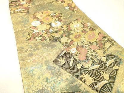 平和屋着物▼六通柄袋帯　四季草花蒔絵　金糸　引箔　正絹　逸品　未使用　DABH7014fe