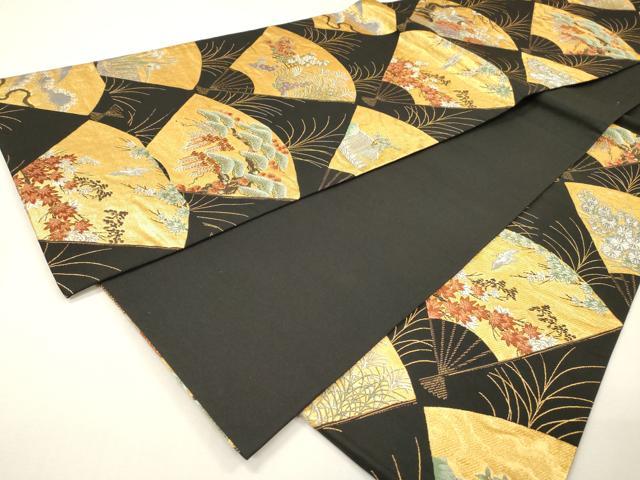 平和屋着物▼六通柄袋帯　唐織　扇面鴛鴦花文　黒地　金糸　正絹　逸品　DABH7015fe