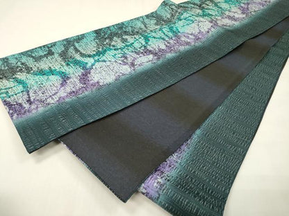 平和屋着物▽両面　全通柄袋帯　スリーシーズン　春夏秋　間道　銀通し地　正絹　逸品　DABH7020fe
