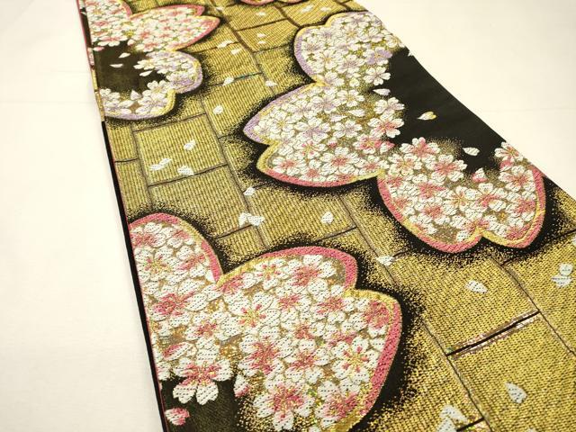 平和屋着物▼西陣　熊井一雄作　六通柄袋帯　舞桜　金糸　証紙付き　正絹　逸品　DABH7024fe