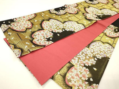 平和屋着物▼西陣　熊井一雄作　六通柄袋帯　舞桜　金糸　証紙付き　正絹　逸品　DABH7024fe