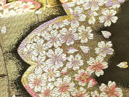 平和屋着物▼西陣　熊井一雄作　六通柄袋帯　舞桜　金糸　証紙付き　正絹　逸品　DABH7024fe