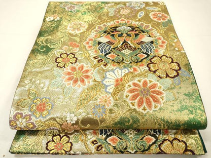 平和屋着物▼六通柄袋帯　唐織　向かい鳥花絵皿文　金糸　正絹　逸品　DABH7025fe