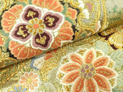 平和屋着物▼六通柄袋帯　唐織　向かい鳥花絵皿文　金糸　正絹　逸品　DABH7025fe